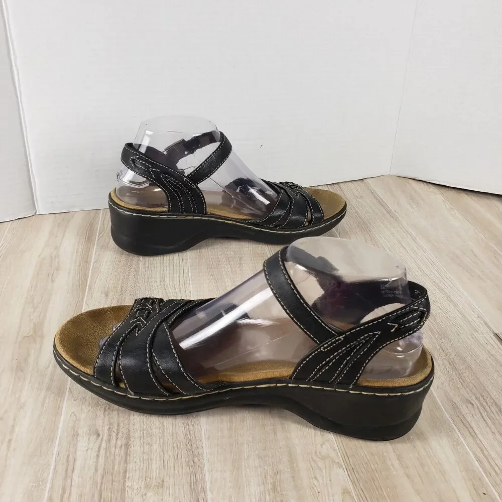 Clarks Bendables Black Leather Sandals Women's 9M Adjustable Medallion